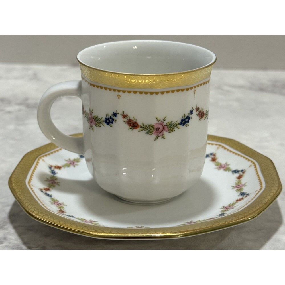Tirschenreuth Bavaria Germany Porcelain Demitasse Cup Saucer Set 12 Sided Floral